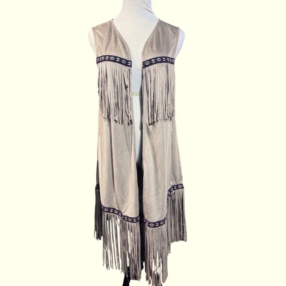 Western Fringe Vest Womens Medium Faux Suede Fringe Long Duster Tan Western Boho
